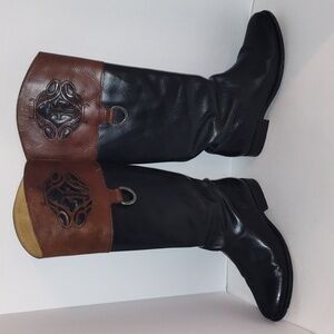 Frye Melissa Logo Monogrammed tall Black Brown Leather Knee High Boots size 7 B